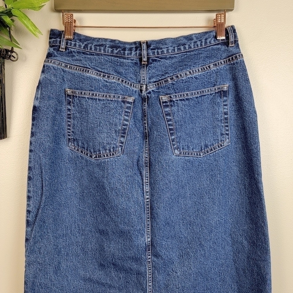 Eddie Bauer Vintage Flannel Lined Jean Skirt Long Denim Button Down Plaid Y2K - Picture 8 of 14